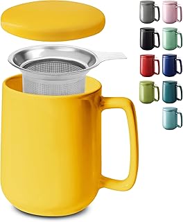 Cosumy Taza de Te con Filtro y Tapa 500ml - Ceramica - Mantiene Caliente la Infusion - Apta para Lavavajillas (Amarillo)