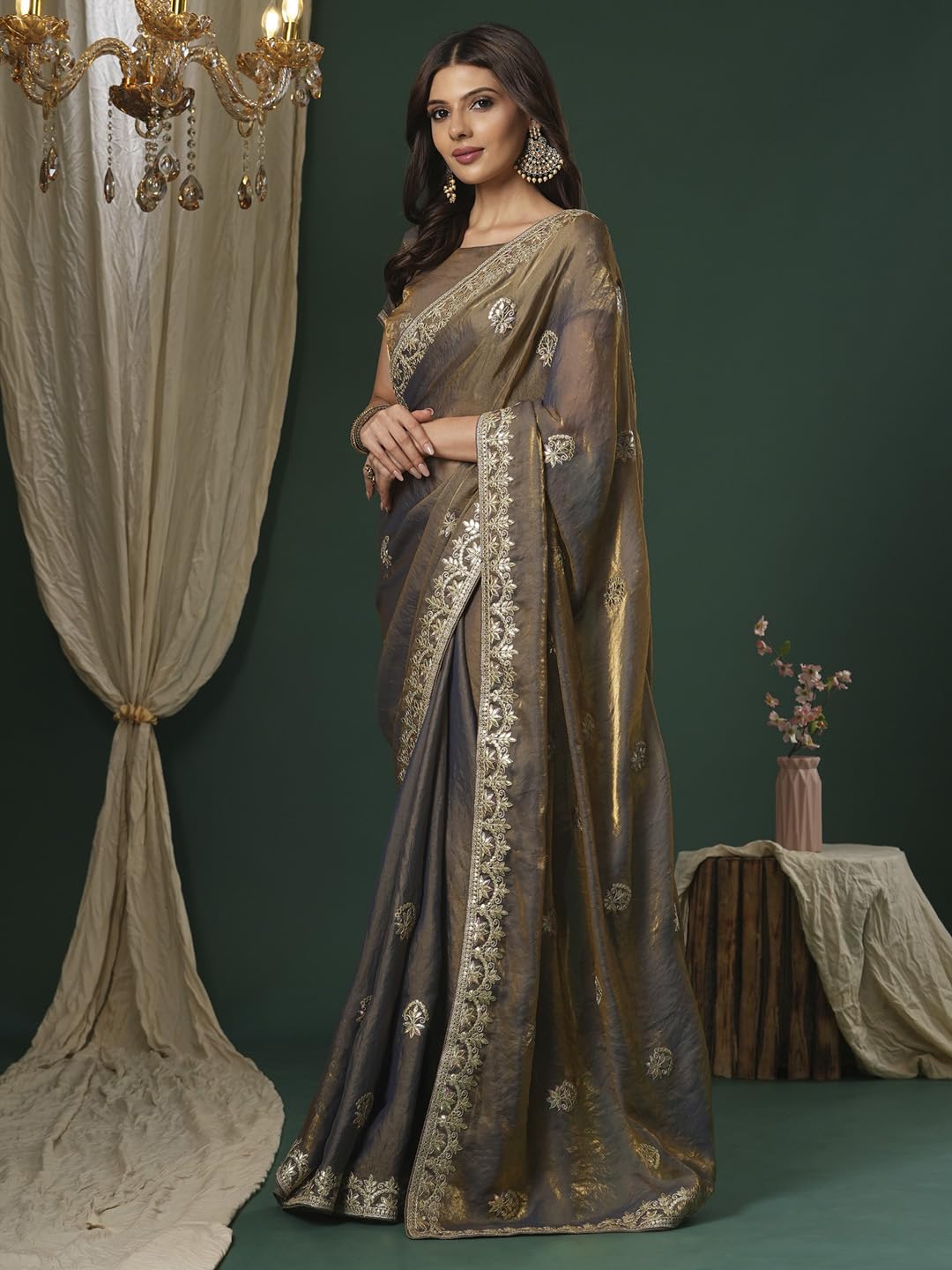 SAREE MALL Women's Bronze Satin Silk Embroidered Saree With Unstitched Blouse (KRIYNS4001_KH) 2