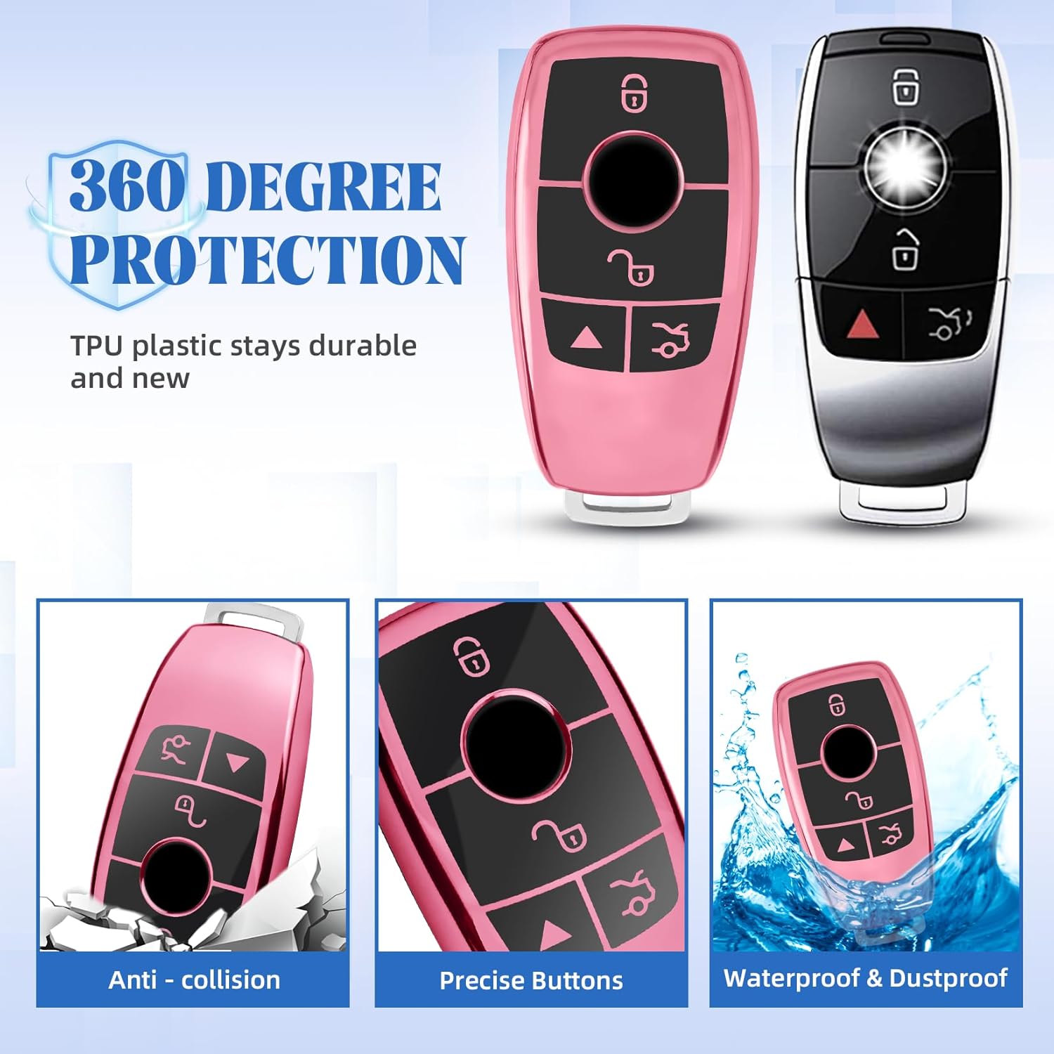 QBUC for Mercedes Benz Key Fob Cover with Keychain,Soft TPU Key Case Protector Compatible with Mercedes Benz 2017-2023 E-Class 2018-2021 S-Class 2019-2023 A-Class C-Class G-Class (Pink) - Image 3