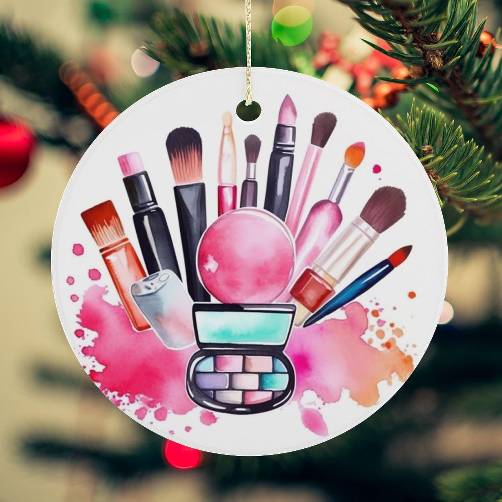 Watercolor Cosmetic Christmas Ornament for Christmas Tree Ceramic Round Ornament Winter Holiday Keepsake Gift 2.7" Christmas Tree Hanging Decorations Circle Ceramic Pendant Xmas Gift