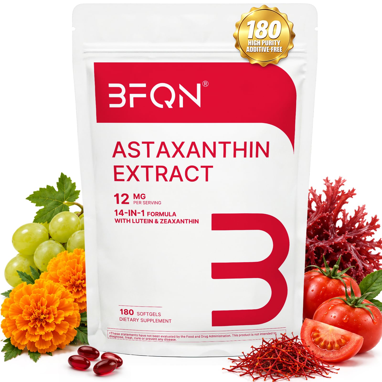 Astaxanthin 12mg, 14-in-1 Astaxanthin Supplements, 180 Softgels