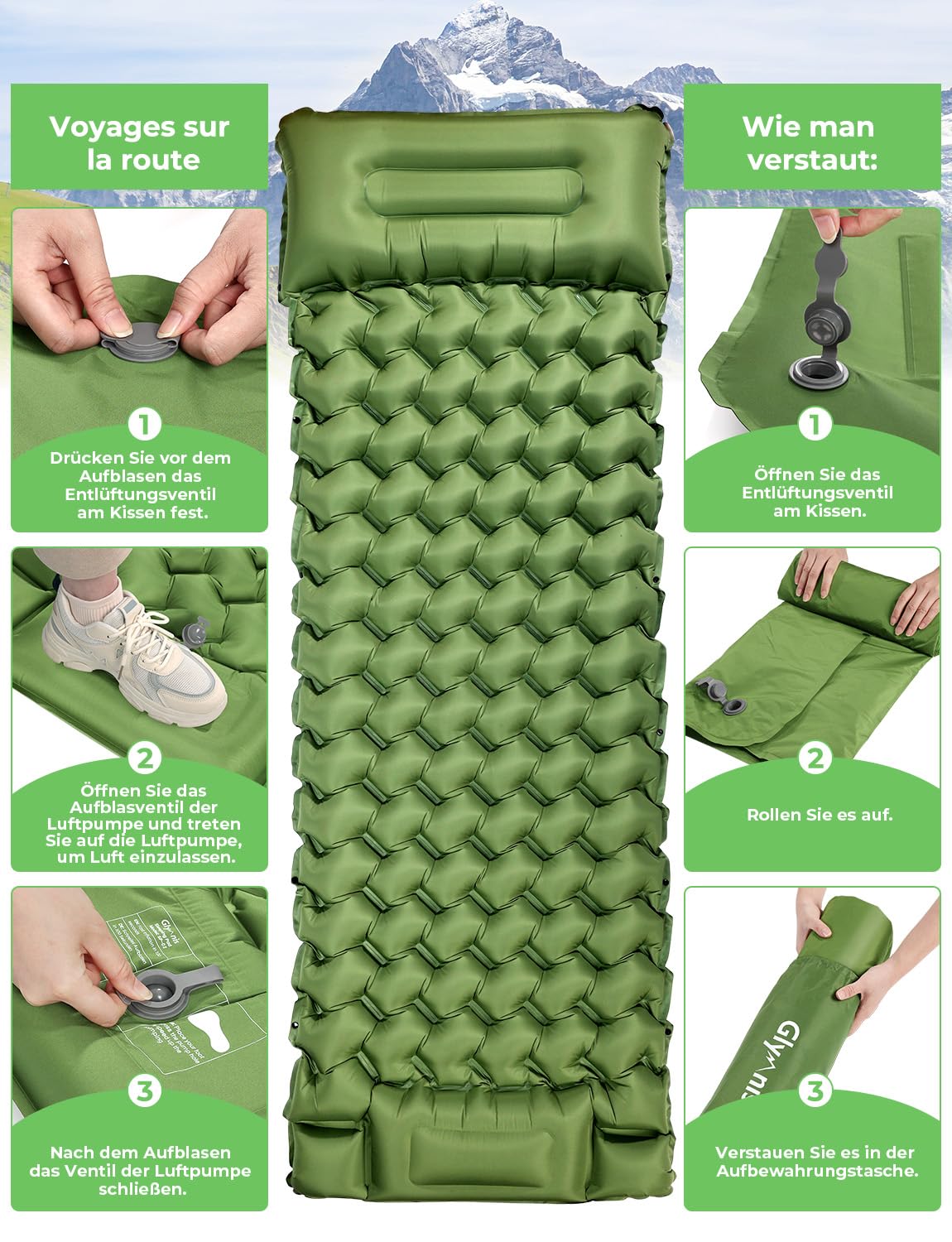Glymnis Isomatte Camping Aufblasbare Luftmatratze mit Fußpresse Pumpe und Kissen, Wasserdicht Luftmatratze Outdoor, Anti-Ripstop Schlafmatte für Wandern Reisen Camping