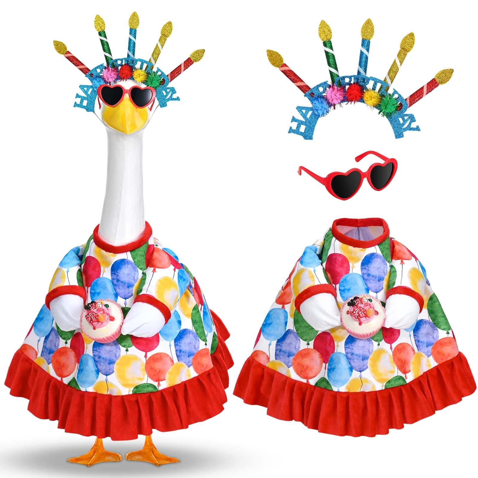 JcHrmers Porch Goose Birthday Outfit Cute Goose Outfits Watercolor Dress Fits 23'' Cement Goose with Happy Birthday Headband, Sunglasses & Cupcake
