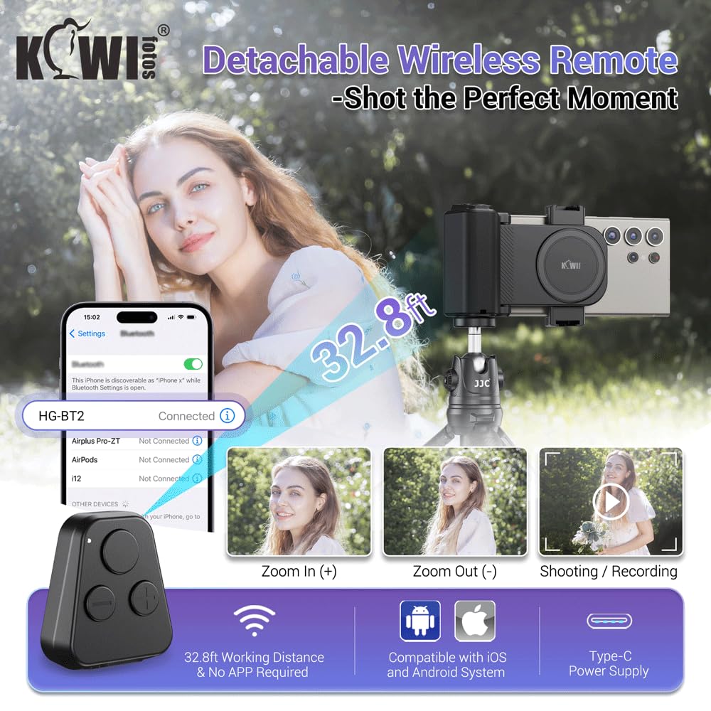 KIWIFOTOS Grand Support pour Smartphone avec Détachable Télécommande, Poignée Magnétique avec Griffe pour Prise de Vue iPhone Android de 59 à 85mm de Largeur (Noir)