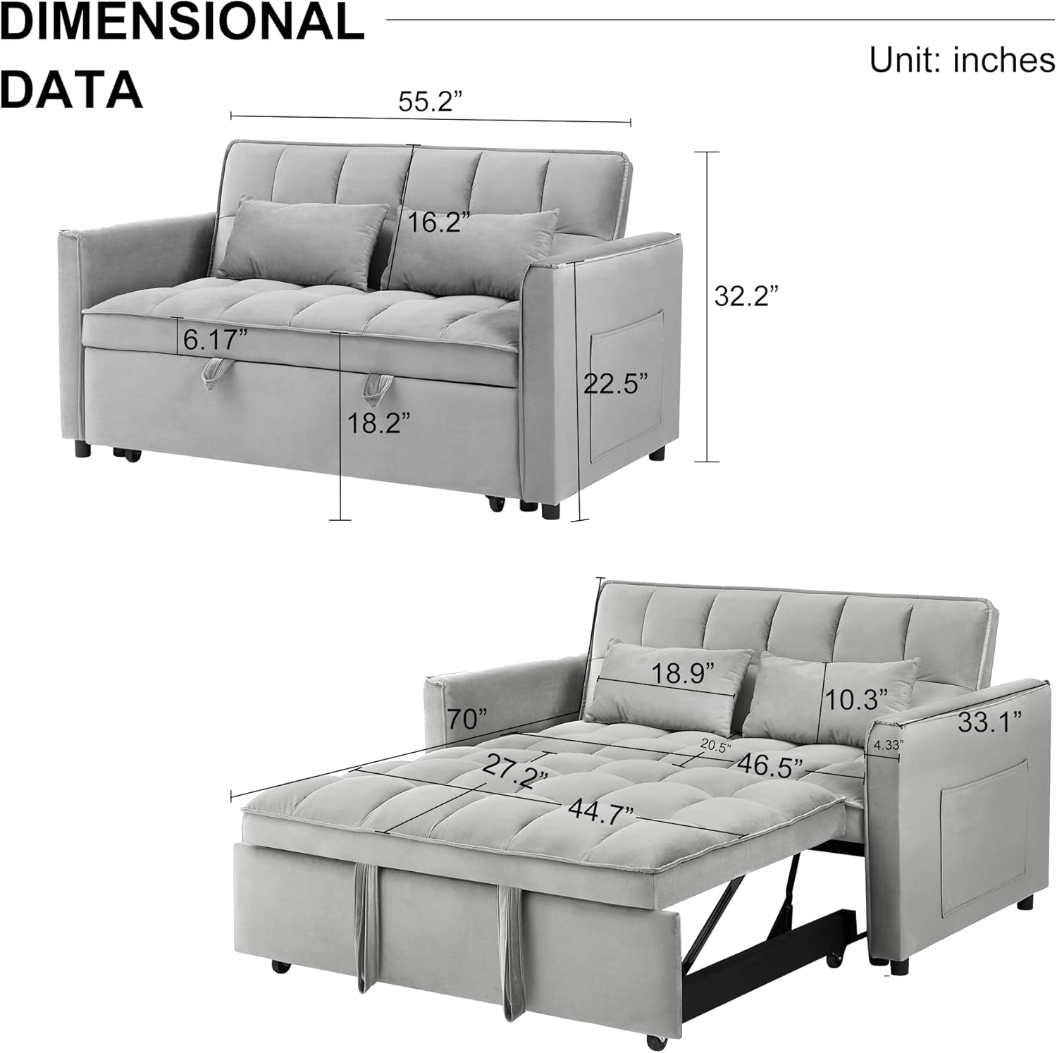 Oversized 3-in-1 Convertible Sleeper Sofa Bed, Futon Couch with Pullout Bed, 2-Seater Loveseat Sofa w/Pockets, Adjustable Backrest and Pillows for Living Room Apartment(55INCH-Light Gray)