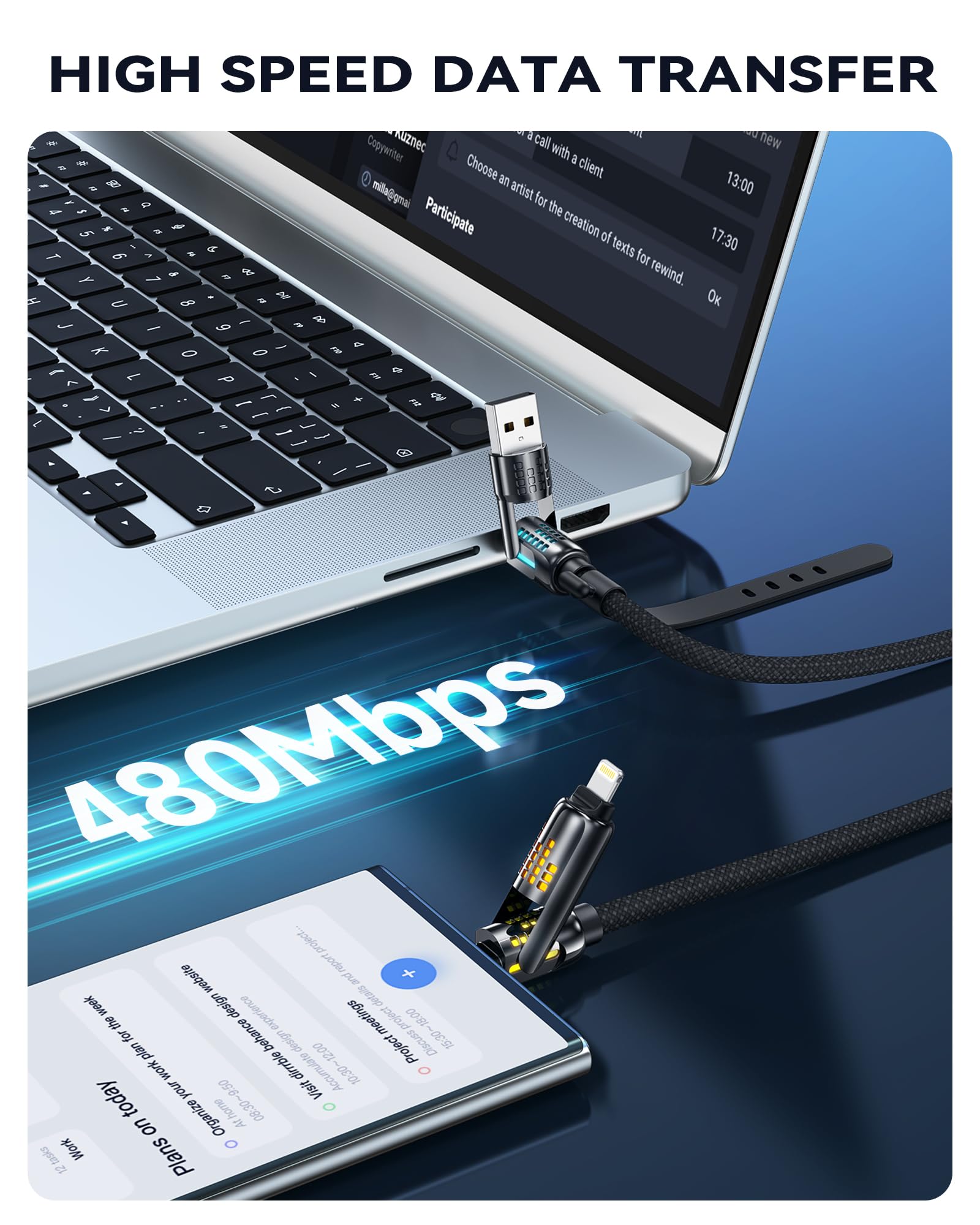 RAVIAD Multi Cavo di Ricarica [1M] 4 in 1 Multiplo Cavetto 240W PD con luce LED RGB USBC/USBA a Lightning, USBC/USBA a USB C Cavo di Ricarica per iPhone 16/15/14, Galaxy 24, Google Pixel, Pad - Nero