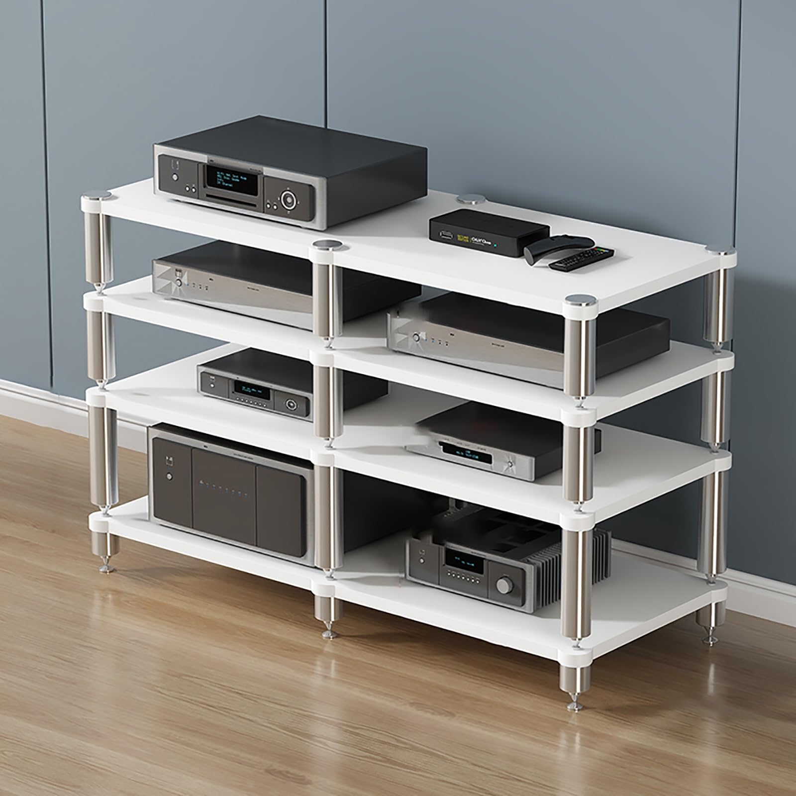 Scaffale portatile da gioco a torre ideale per proiettori, lettori DVD, console di gioco e decoder via cavo, elegante supporto AV bianco (120 x 48 x 84 cm)