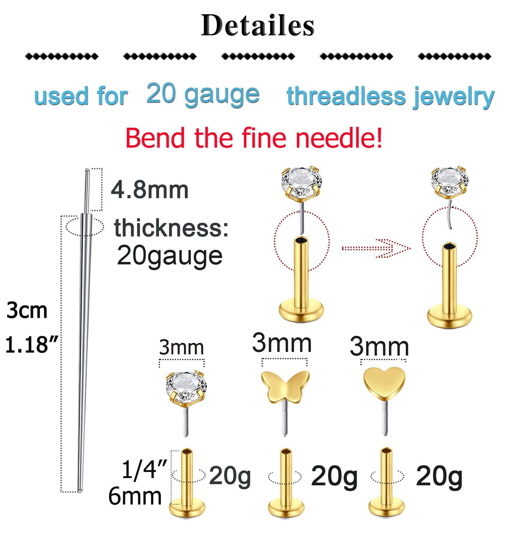 QWALIT Kit per piercing all'orecchio Kit pistola per piercing all'orecchio in oro Kit di piercing per orecchini autoperforanti Kit di piercing usa e getta con orecchino dorato con retro piatto Helix