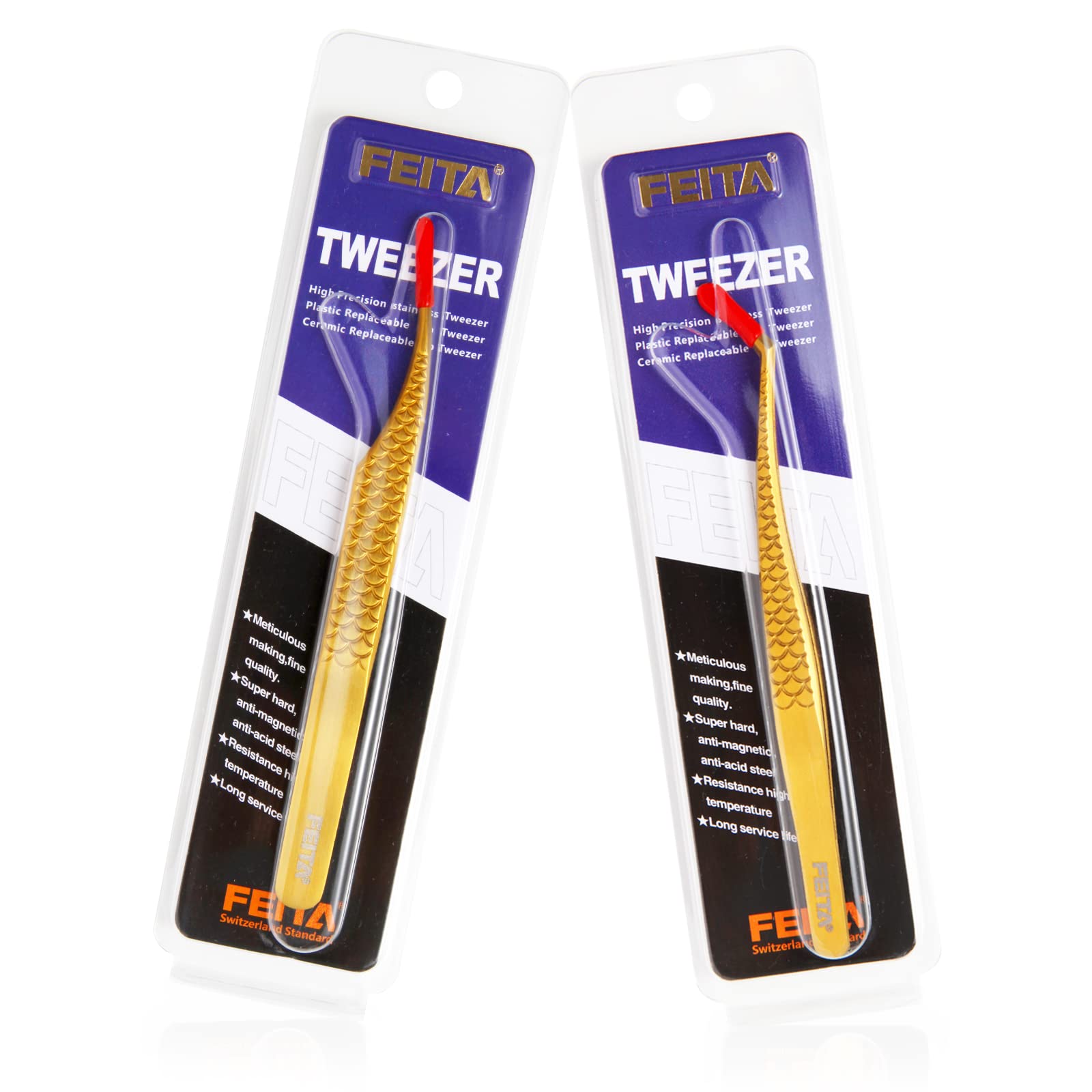 FEITA Diamond Grip - Pinzas de precisión para extensiones de pestañas, acero japonés, con forma de delfín y punta angulada, herramientas de aplicación de pestañas postizas, color dorado, 2 unidades