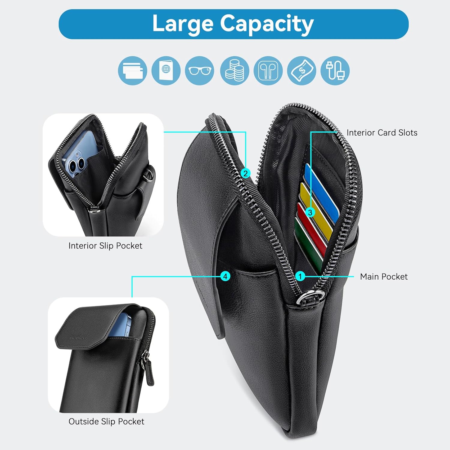 nuoku Cell Phone Shoulder Holster, Vegan Leather Belt Pouch Small Crossbody Bag for Men with Card Slots Passport Pouch Compatible with iPhone 17/16/15/14/13 Pro Max/Samsung Galaxy(Black)