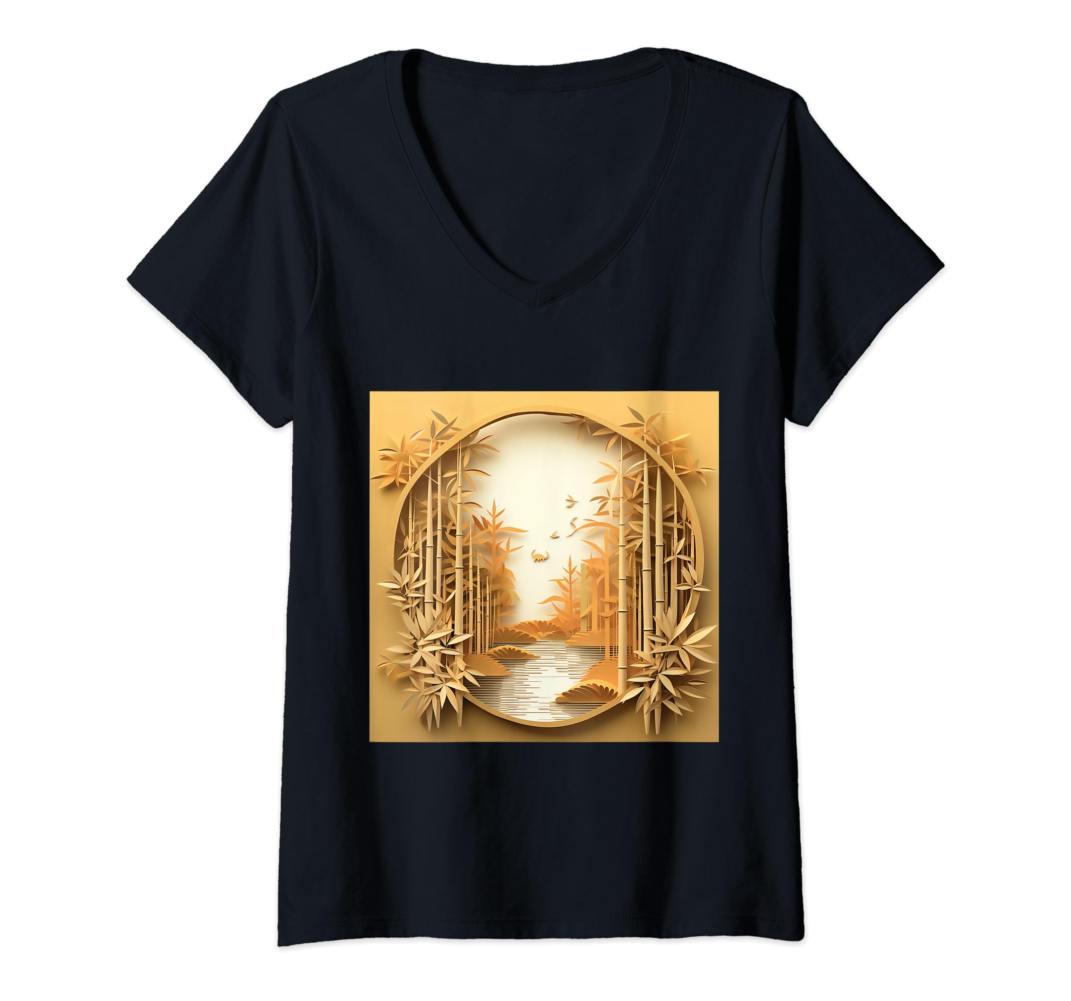 . Bamboo Tranquility Kirigami in Earthy Tones V-Neck T-Shirt