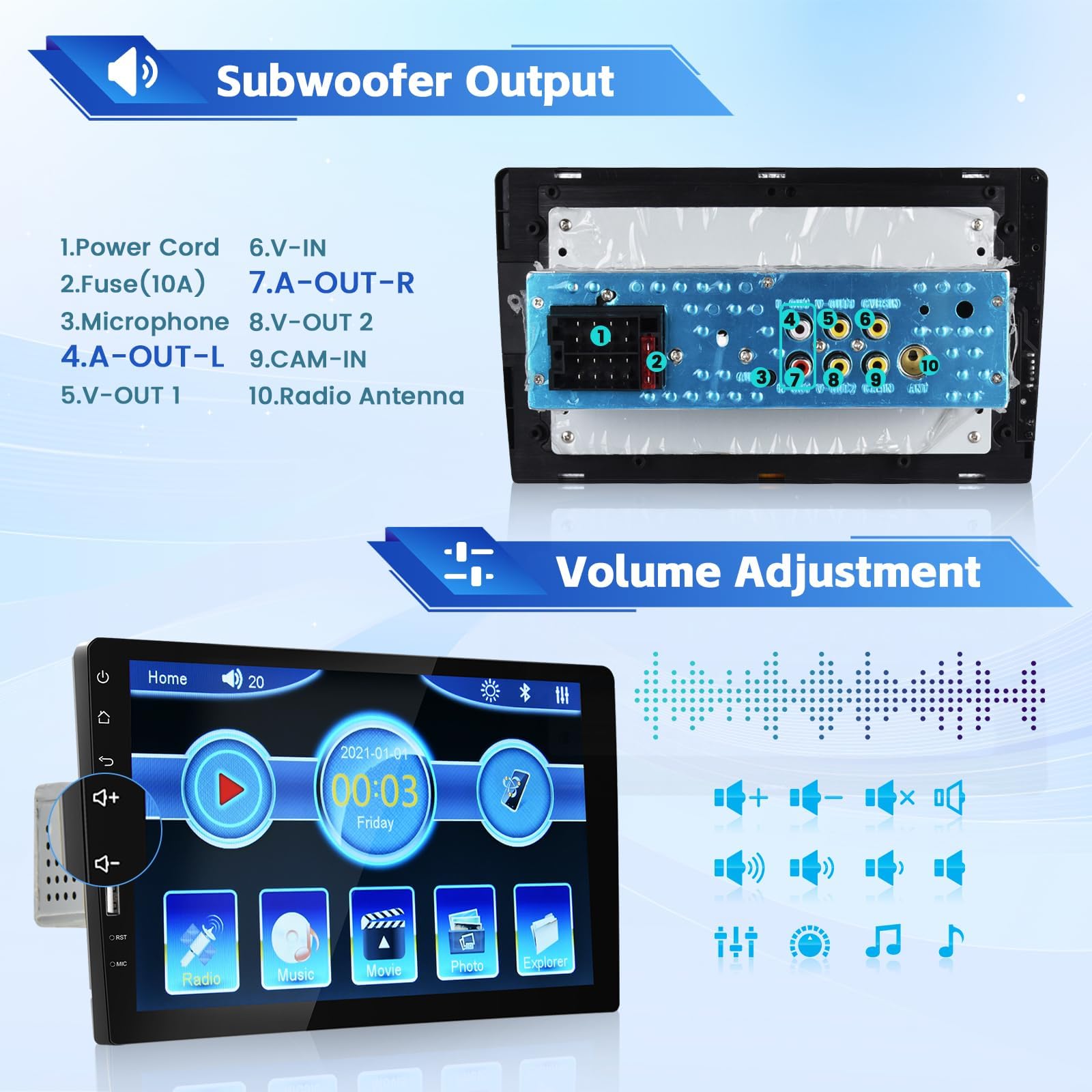 Autoradio 1 Din Con Schermo Touch 9 Pollici, Bluetooth, Mirror Link, Telecamera Posteriore, Comandi Al Volante