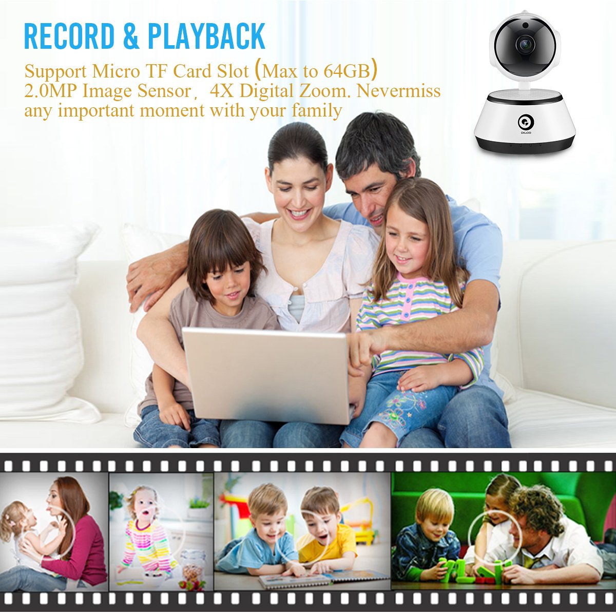 Family watching recorded video on a laptop, with a timeline of captured moments below