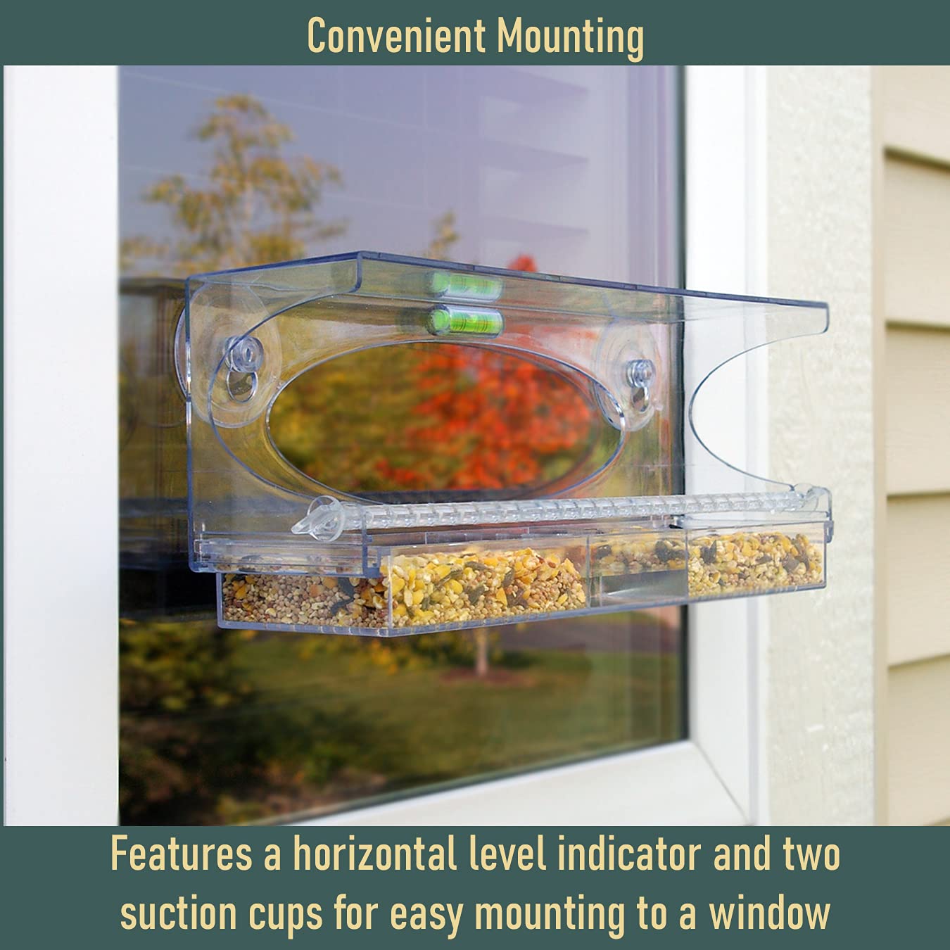North States Nature's Yard - Comedero para pájaros con ventana grande y transparente, fácil de llenar y limpiar. 2 ventosas, bandeja deslizante e indicador de nivel incluidos. Capacidad de semillas de
