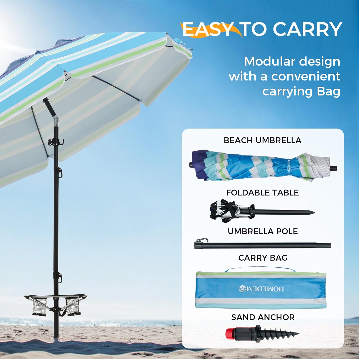 HOMEDEMO 7FT Beach Umbrella with Table & Anchor, Heavy Duty Windproof with UPF 50+ Sun Protection, Outdoor Umbrellas with Adjustable Aluminum Pole