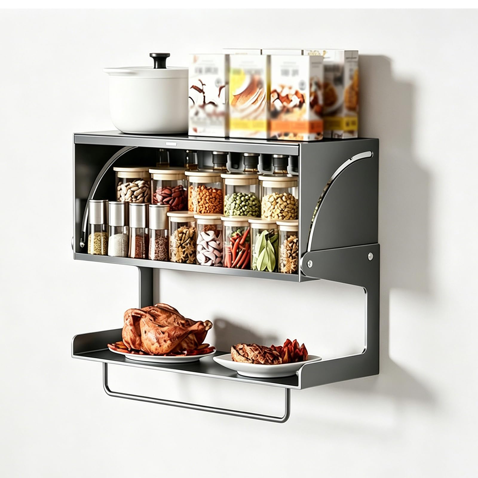 DLLDQBD 2-Tier Pull-Down Spice Rack, Wall Mounted Cabinet Shelf, Floating Shelves, Hanging Storage Spice Cabinets For Kitchen(Size:16cm/6.3in,Color:Gray)
