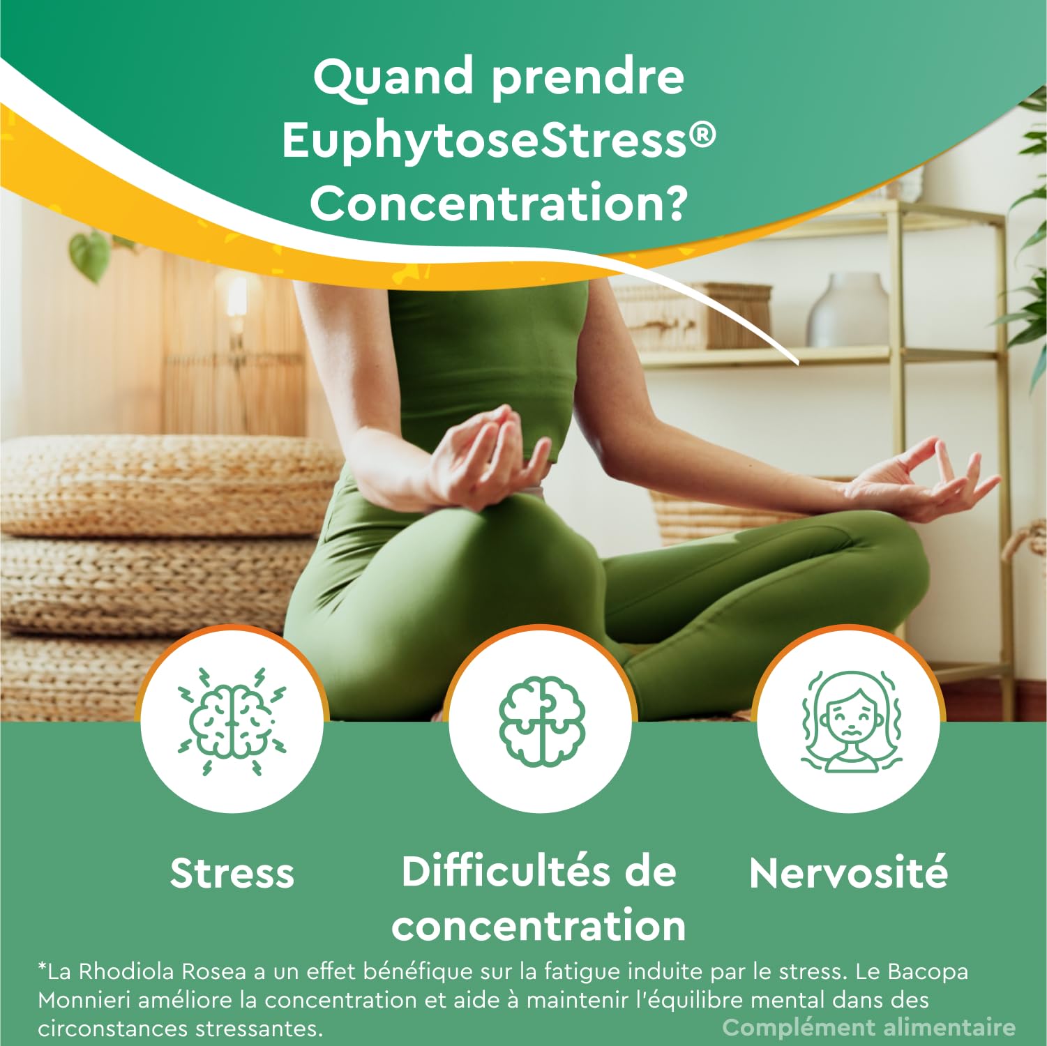 EuphytoseStress Concentration - Complément alimentaire - Bacopa Monnieri - Rhodiola Rosea - Plantes adaptogènes - Stress, Difficulté de Concentration - 3 mois - 3x30 comprimés - Fabriqué en France