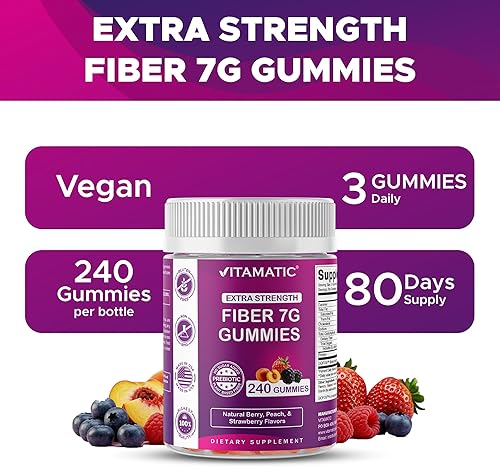 Miniatura 5 de Vitamatic Gomitas de fibra prebiótica para adultos, 7G de fuerza extra, sin azúcar añadida, 240 gomitas a base de pectina, apoyo para la salud