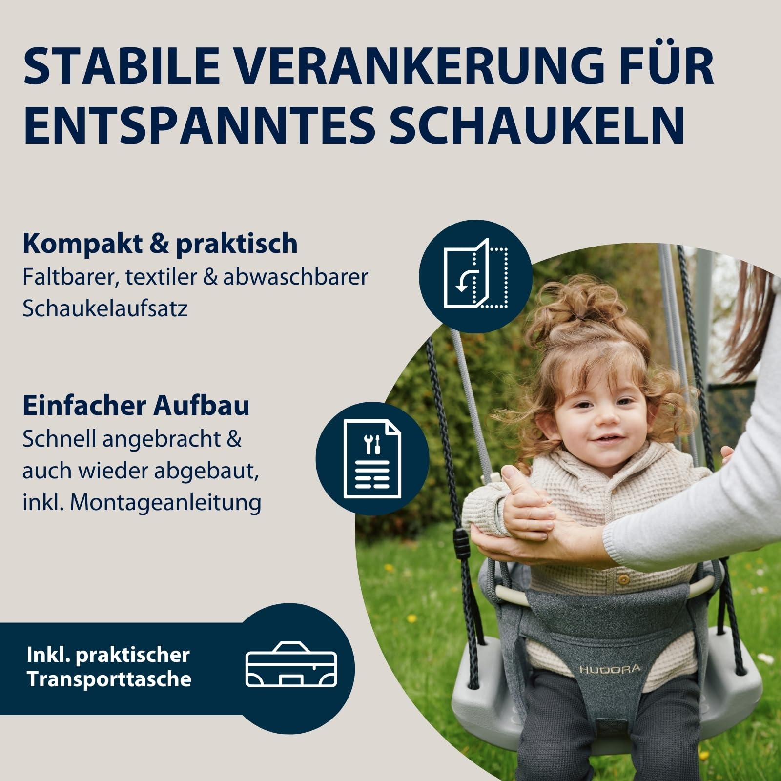 HUDORA Schaukelaufsatz Toddler - Hochwertige Babyschaukel inkl. Transporttasche - Stabile Outdoor-Schaukel mit gepolsterter Rückenlehne & Anschnallgurt - Kleinkind-Schaukelsitz bis 12 kg belastbar