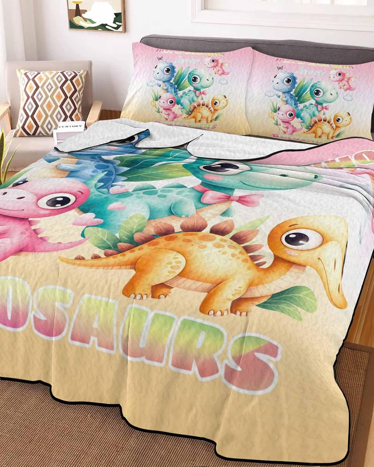 Twin Quilt Bedding Set, Cartoon Dinosaur Reversible Summer Quilt 3 Pieces, Just A Girl Who Loves Dinosaurs Cute Animals Lightweight Bedspreads Coverlets with 2 Pillow Shams for All Seasons