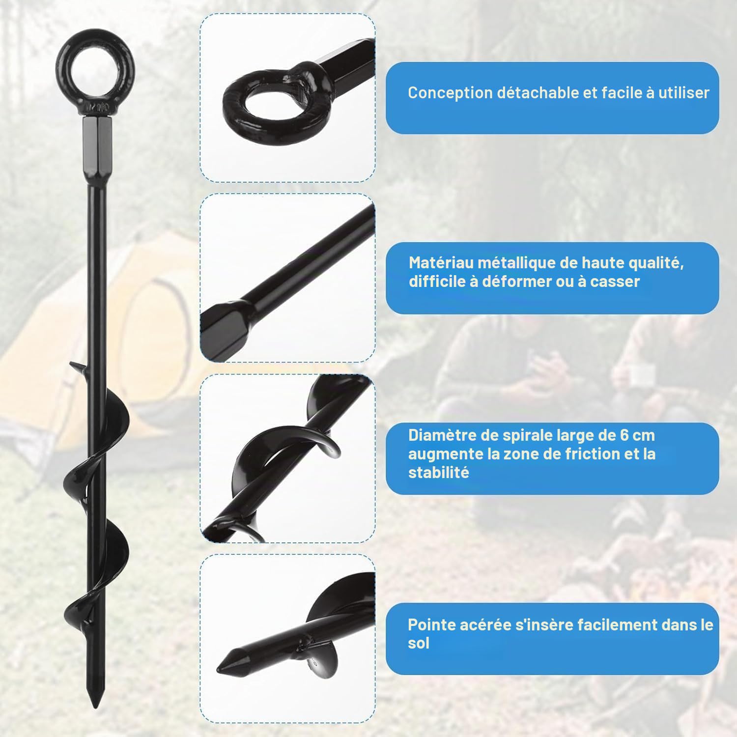 Trampoline Anchors Stakes Kit - Lot de 8 40cm Ancres au Sol vissées avec Sangles à Attacher réglables pour Awning RV, Jeu de balançage, baldaulin, Tente et Sorties de Cravate pour Chiens (Lot de 8)