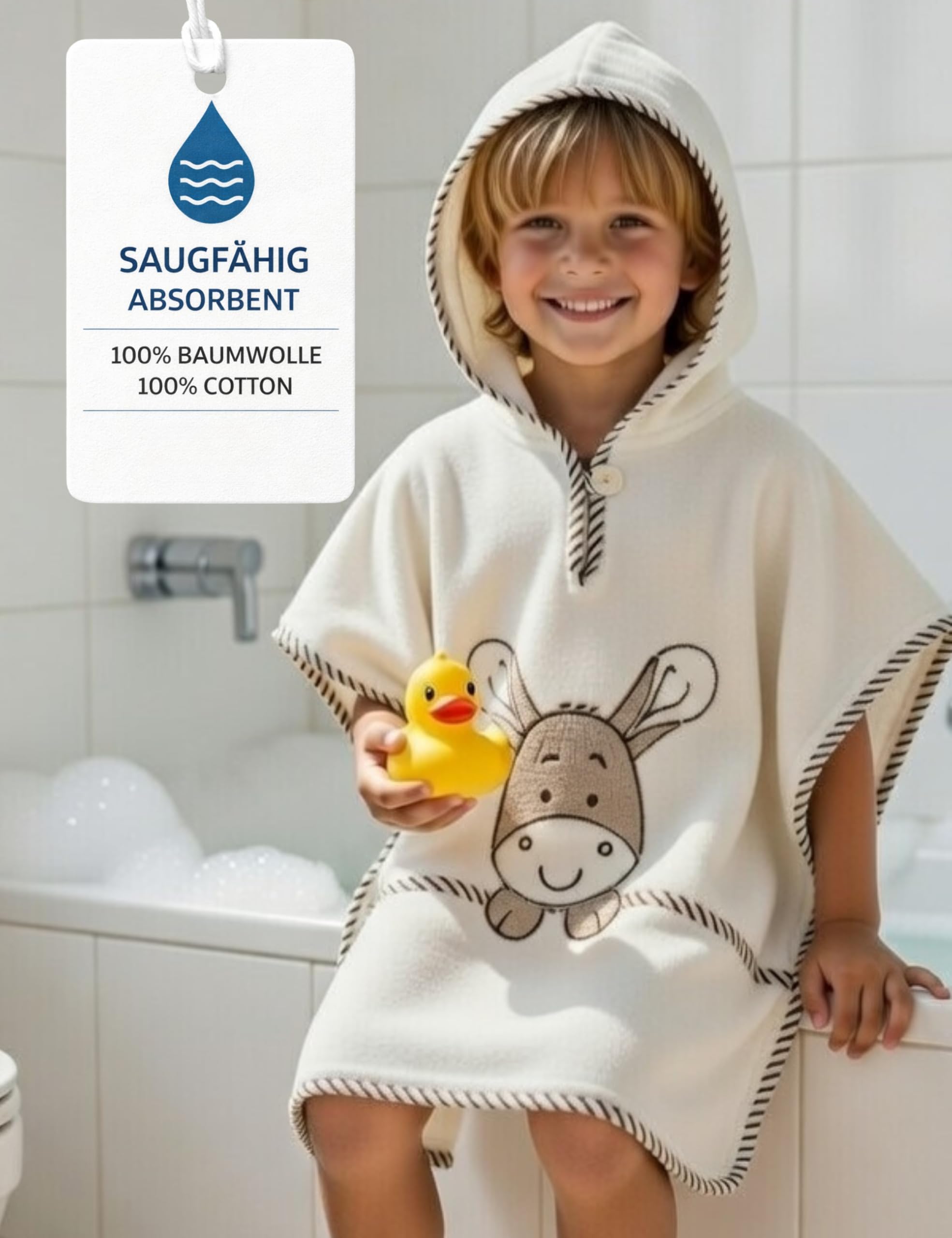 Morgenstern Badeponcho Kinder 1–3 Jahre mit Kapuze – 100% Baumwolle OEKO TEX® Handtuchponcho Kleinkind – Weicher Strandponcho mit Motiv, Farbe: beige
