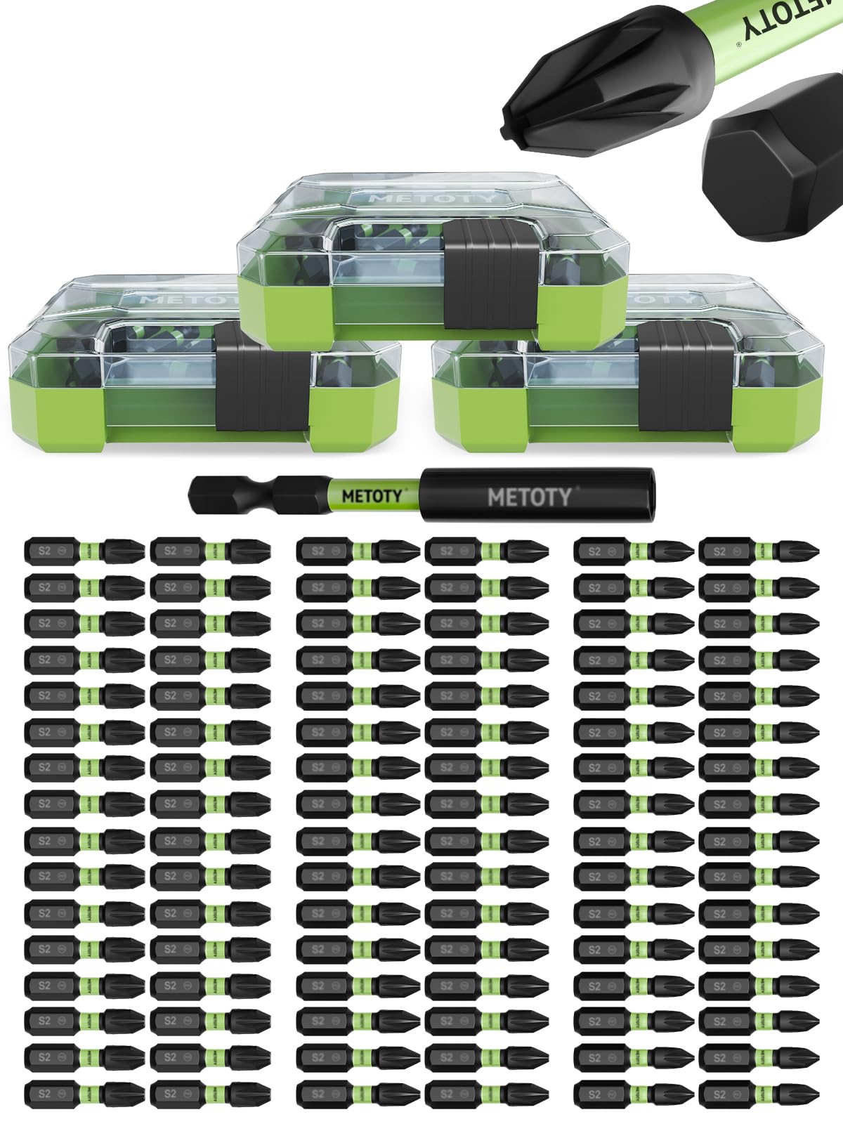 METOTY 91PCS Impact Screwdriver Bits Set, Magnetic S2 Steel Insert Driver Bits (PZ1/PZ2/PZ3) in 25mm Length, Equipped with Magnetic Extension Pole and Coded Storage Base