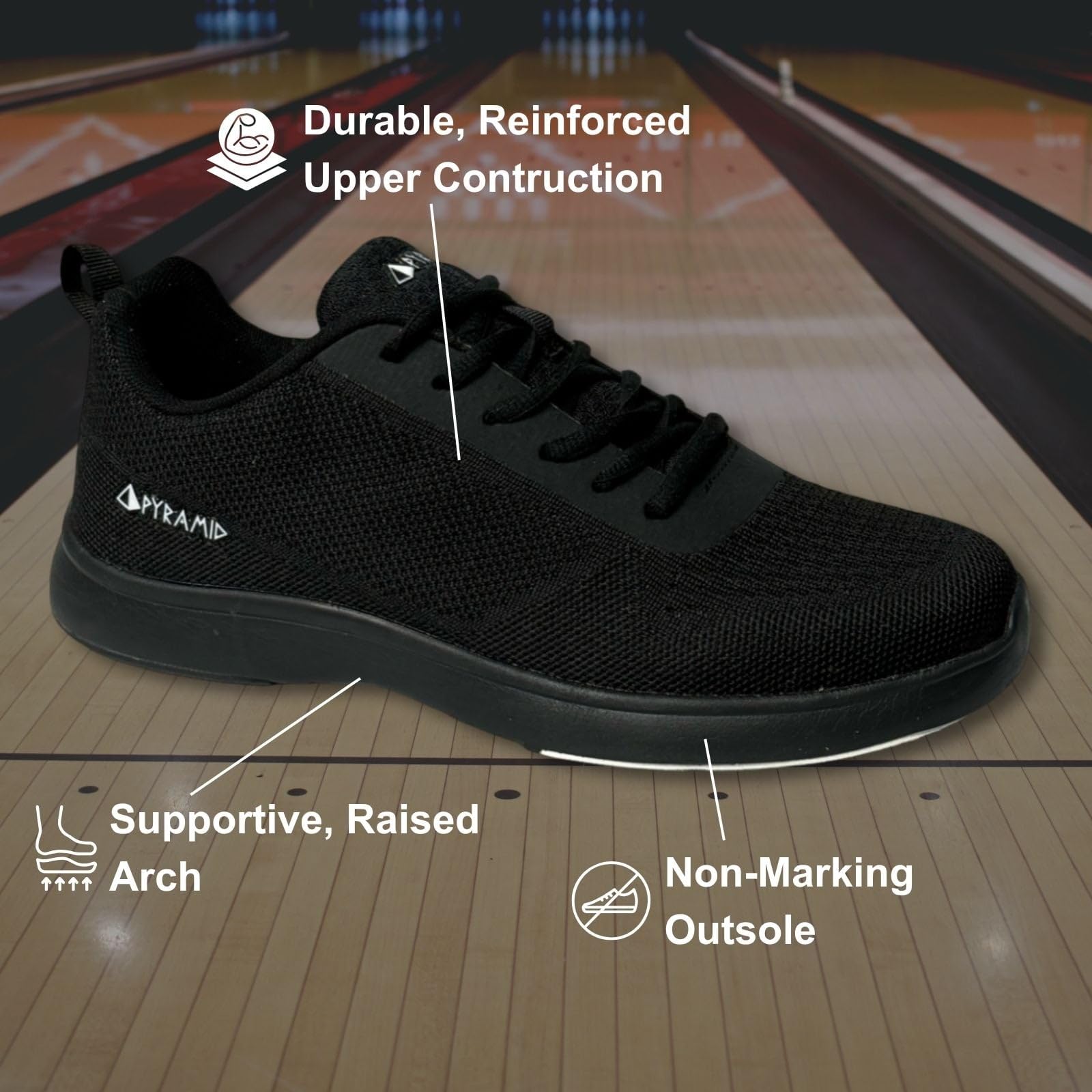 Pyramid Path Lite Scarpe da bowling da uomo in rete, design leggero senza cuciture, calzata atletica, tomaia in rete traspirante, suola universale per scivolare facilmente, nero, 42 EU