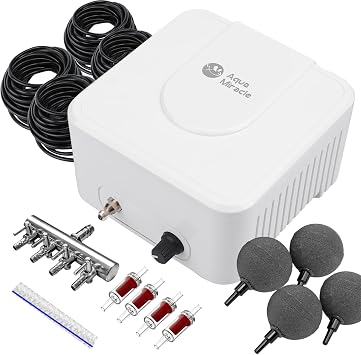 AquaMiracle All-in-One Koi Pond Aerator for Outdoor Ponds up to 3000 Gallons, Pond Air Pump Pond Aeration System with 4-Outlet Manifold Airline Tubing Air Stones Check Valves