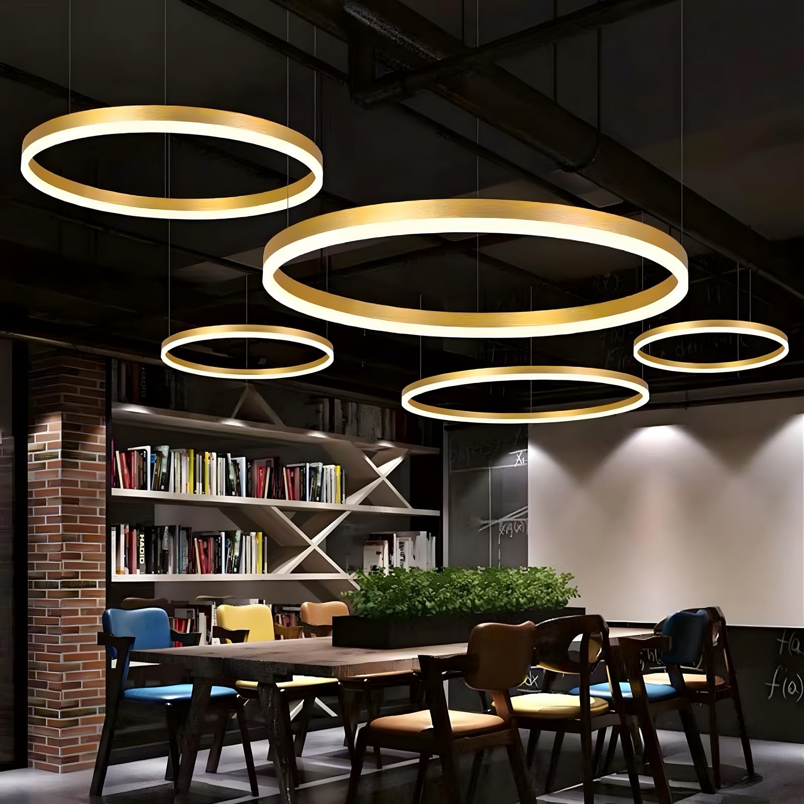 Metall LED Kronleuchter | 5 Kreise 20+40+60+80+100cm | 130W Rings Deckenhängelampe, Dimmbare Fernbedienung 3000–6000K, Acryl Schirm Pendelleuchte, Wohnzimmer Schlafzimmer Esszimmer【Gold】