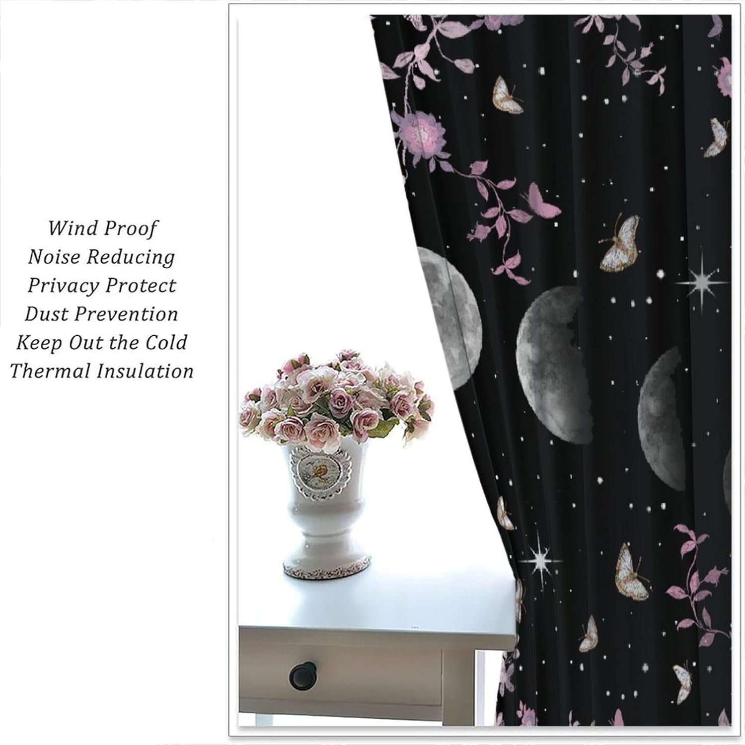 Moon Phase Moonlit Curtains, Gothic Witchy Pink Wild Roses Butterfly Vines Bohemian Moonlit Mysticism Design Window Curtains for Living Room Bedroom 42x63in