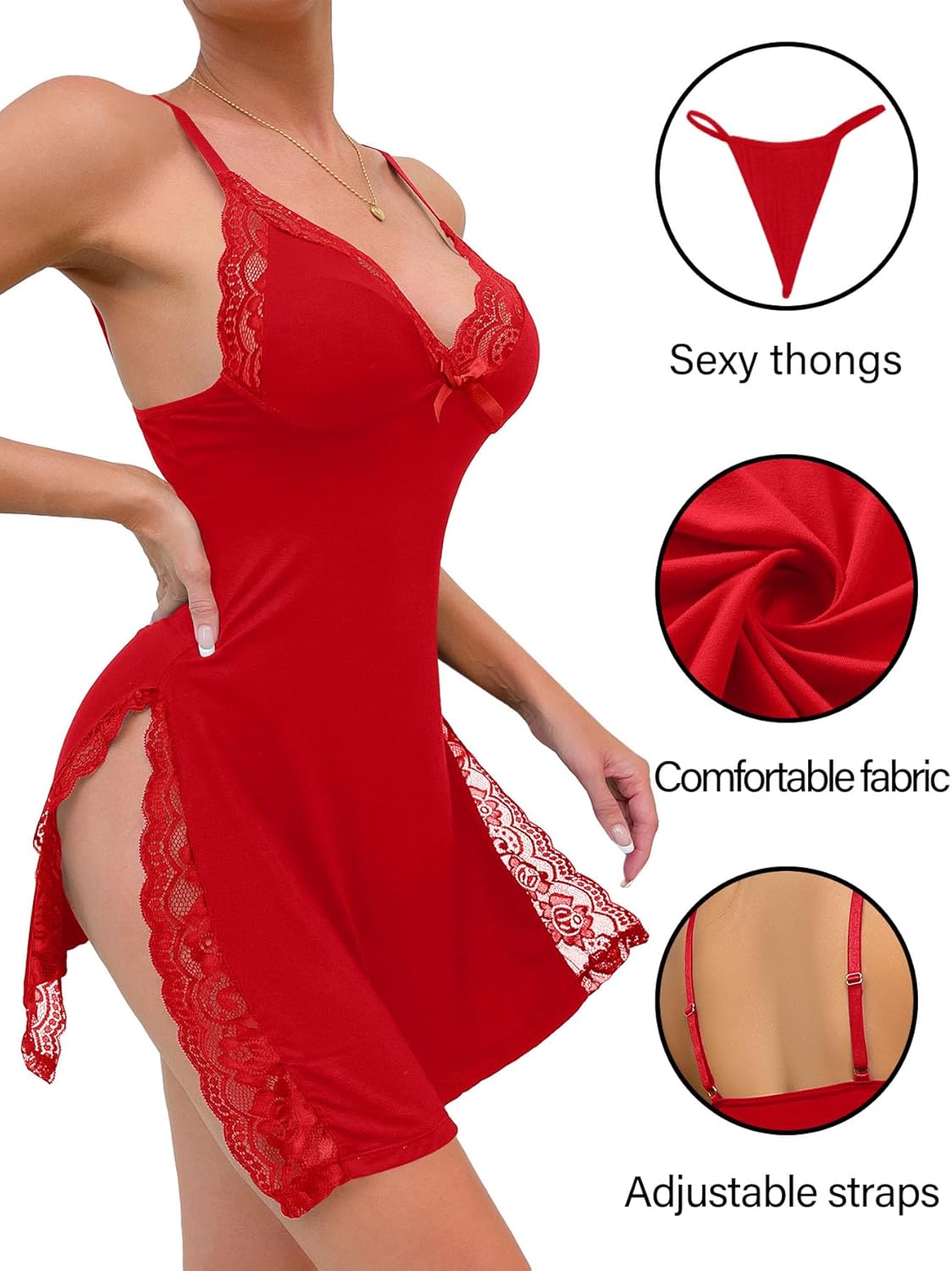 Sexy Split Side Floral Lace Trim Full Slip Night Gown Babydoll Lingerie Dress with Thong 2 piece - Image 2