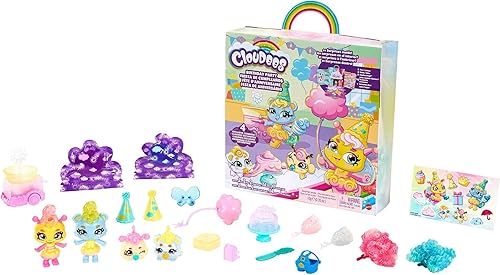 Mattel Cloudees - Juego de fiesta de helado de cumpleaños para mascotas, juguetes temáticos de nube con masa moldeable y figuras ocultas sorpresa,