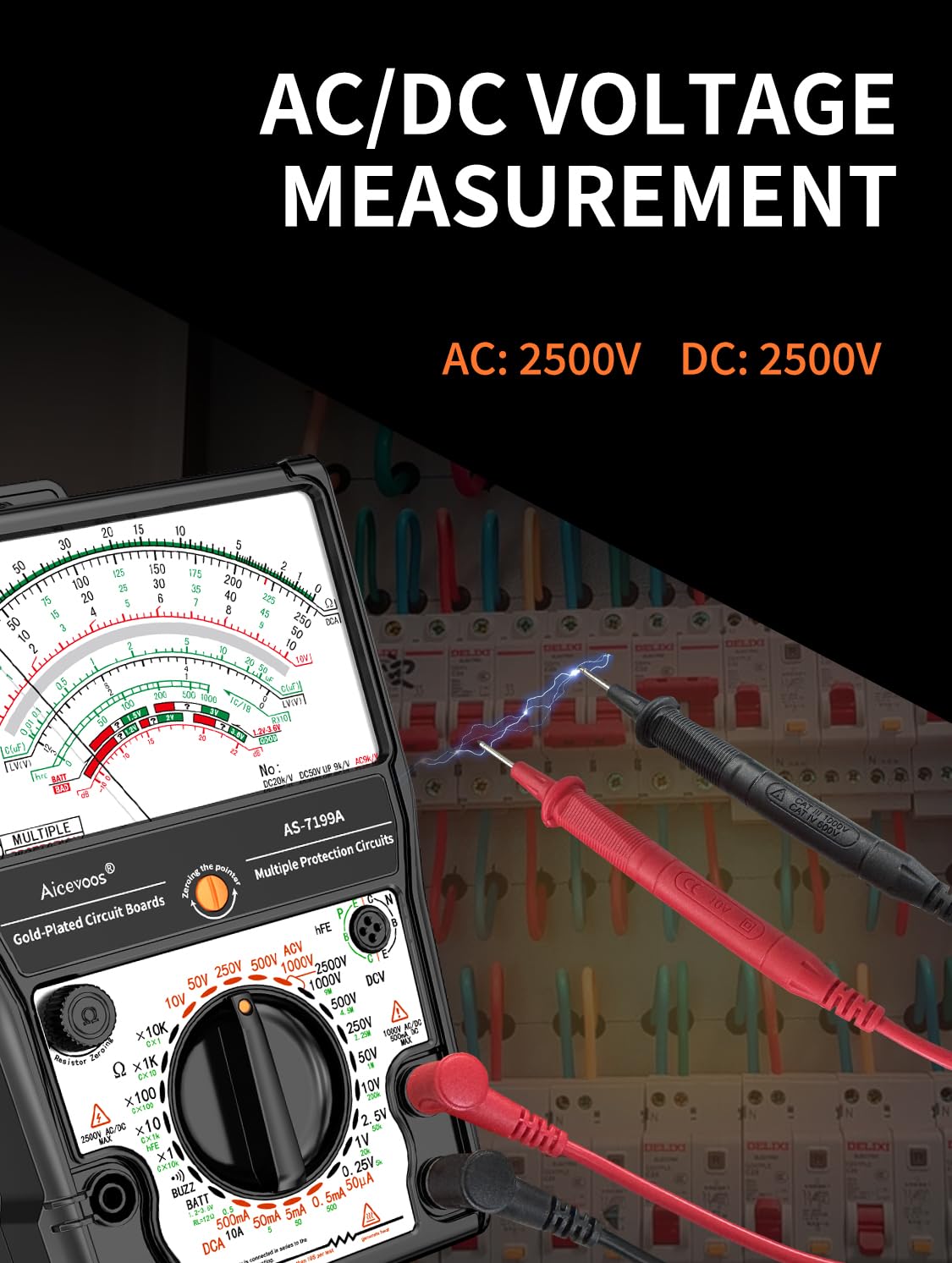 Analog Multimeter AS-7199A, Pointer Multimeter, AC DC Volt 2500V, DC Current 10A, Rx 100K, Batt Tester, Diode/LED Testing, Remote Control Detection, 11 Function, 24 Range — Amazon image 2