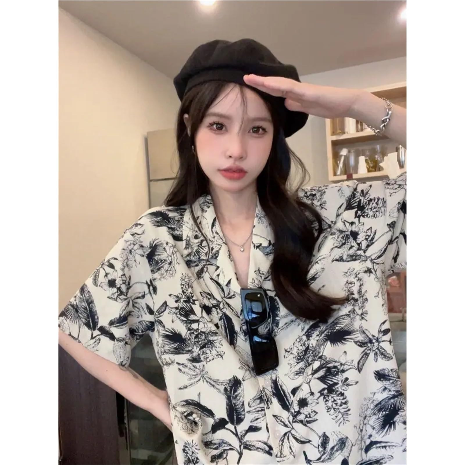 Camisa de Manga Corta con Estampado Floral Retro de Verano for Mujer, Camisa Playera, Top Holgado y versátil