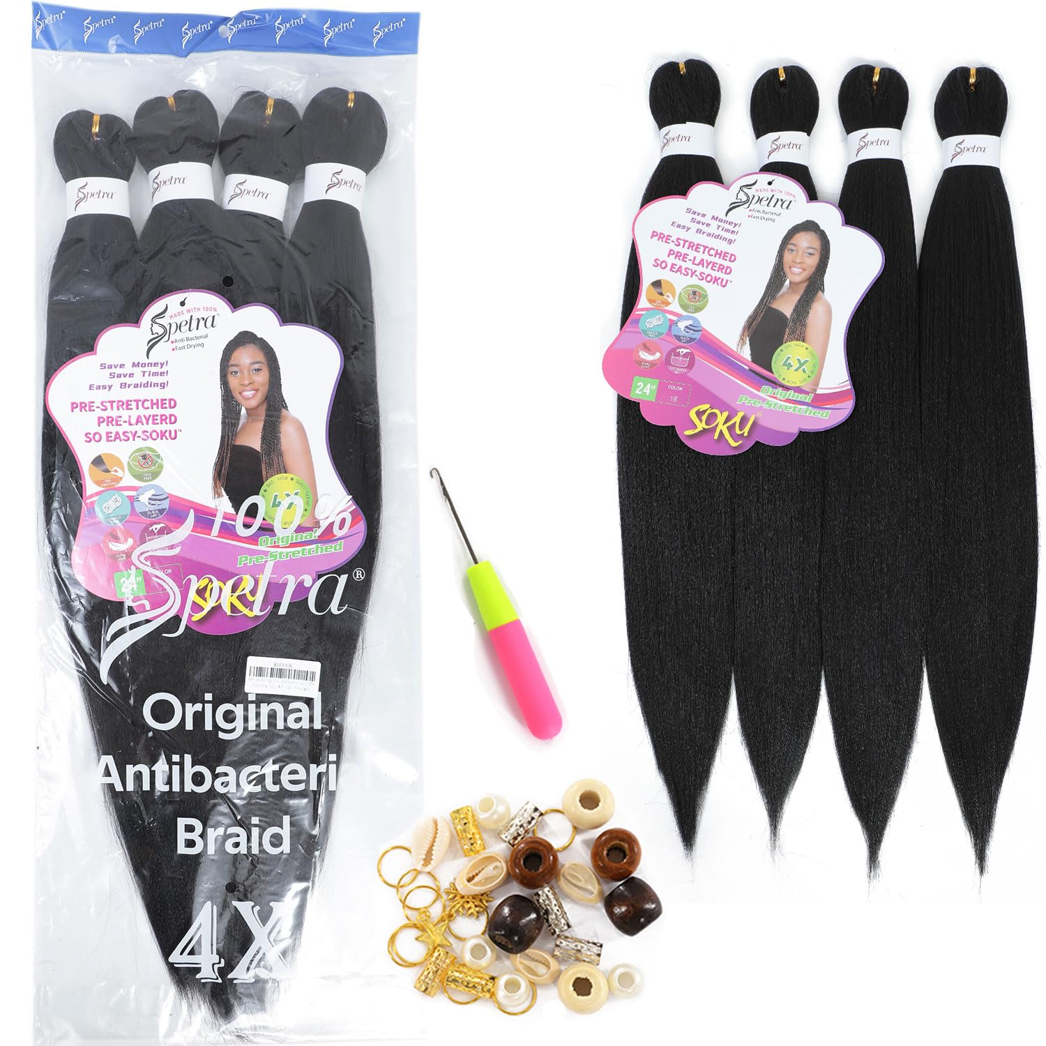 SOKU Pre Stretched Braiding Hair EZ Braids Natural Black Lightweight Synthetic Hair Bundles 24 Inch - 8 Bundles Yaki Straight Crochet Braids for Braiding Hot Water Setting