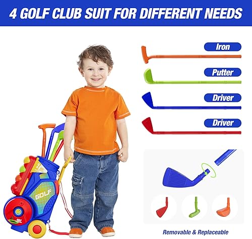 Miniatura 3 de HYES Juego de golf para niños pequeños, palos de golf mejorados para niños con 12 pelotas, tapete de putt, correa para el hombro, juguetes