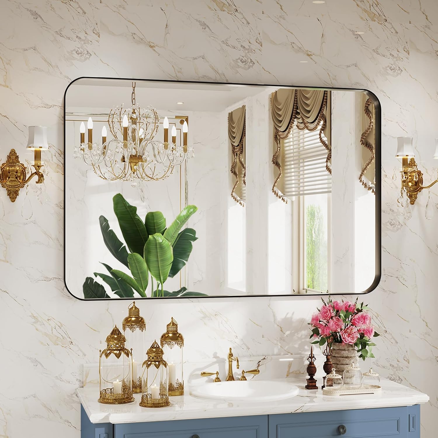 ROOMTEC Black Bathroom Mirrors for Wall, 20X30 Inch Rounded Rectangle Mirror, Matte Black Bathroom Vanity Mirror, Metal Framed Wall-Mounted Mirror,Tempered Glass