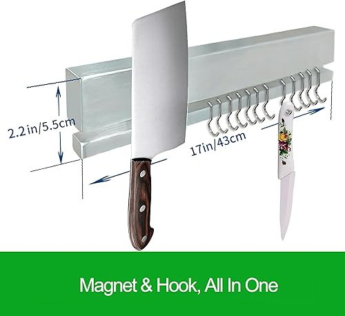 Miniatura 3 de YIIYIIN Fuerte soporte magnético para cuchillos para pared, tira de cuchillos sin taladrar de 17 pulgadas con 12 ganchos y adhesivo, sostiene