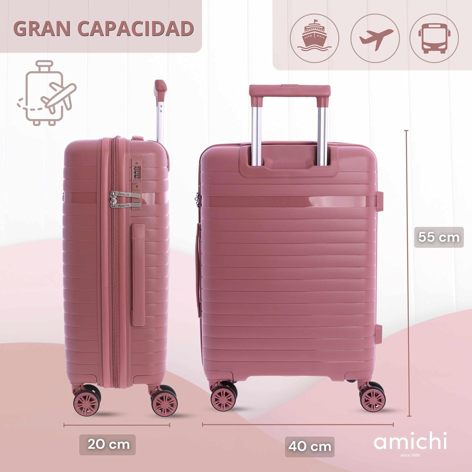 Cabin Suitcase 55x40x20- Travel Suitcases - Suitcases Cabin Suitable for Ryannair- Trolley Luggage for Aircraft Heavy Duty with 4 Wheels of 360º and TSA Lock, Pink, Classic