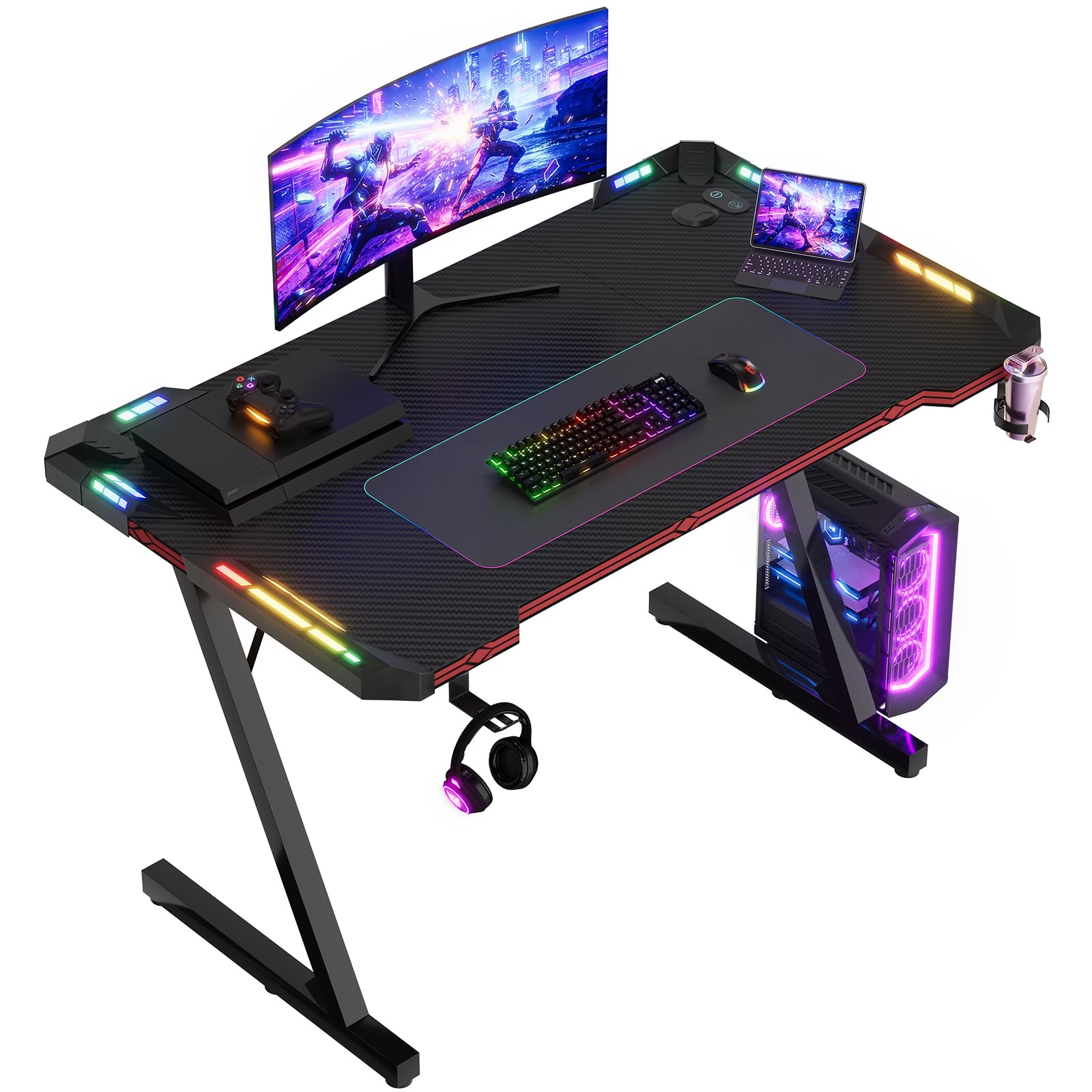JUMMICO Bureau Gaming RGB 120x60cm, Carbone Anti-Rayures, LED, Noir