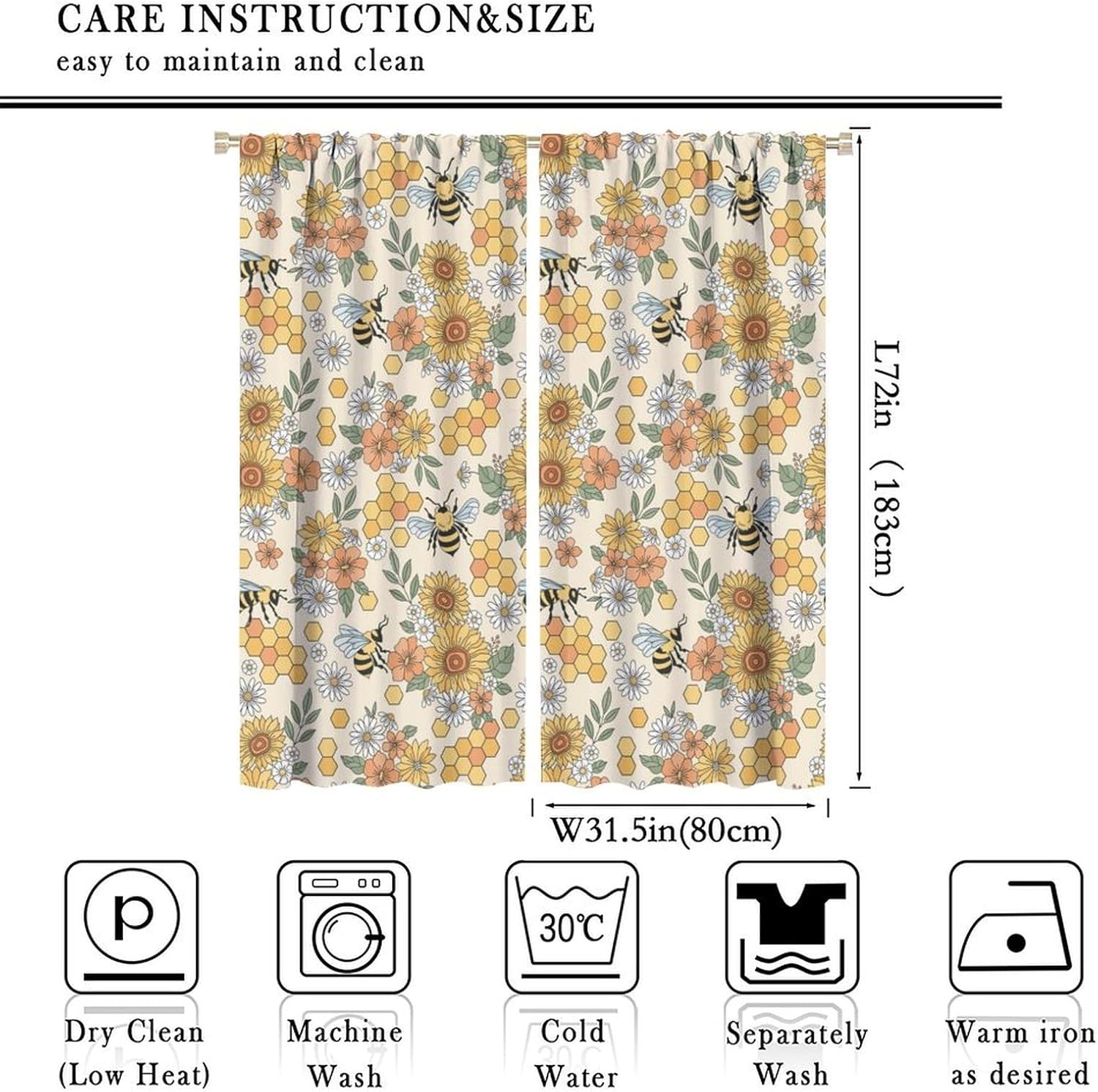 Spring Bees Curtains Colorful Flowers Yellow Geometric Hexagonal Honeycomb Cartoon Cute Flying Bees Bedroom Living Room Rod Pocket Decoration Window Drapes 2 Panels W31.5xL72in