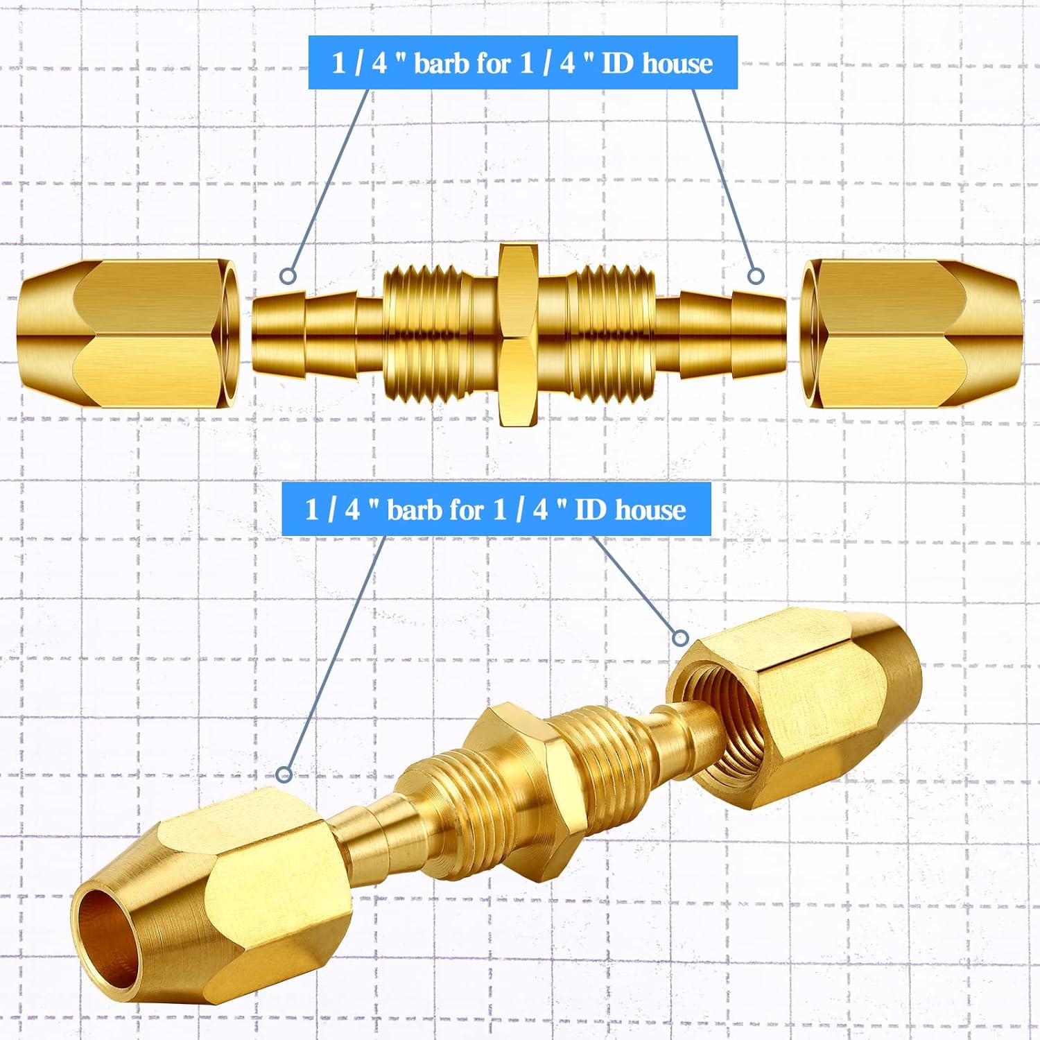 Peryiter 24 Pcs Solid Brass Air Hose Repair Fittings for NPT Replacement Reusable Hose Splicer Air Tube Connectors Repair Kit with Ptfe Tape Brass Connect Adapter (1/4npt-1/4 Inch)