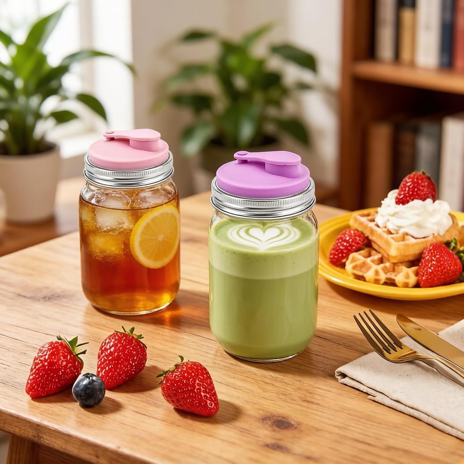 2pcs Mason Jar Drinking Lids, Wide Mouth Stainless Steel Sip Lid with Soft Silicone Cover, Reusable Leakproof Airtight Mason Jar Flip Cap for Juice Drinks
