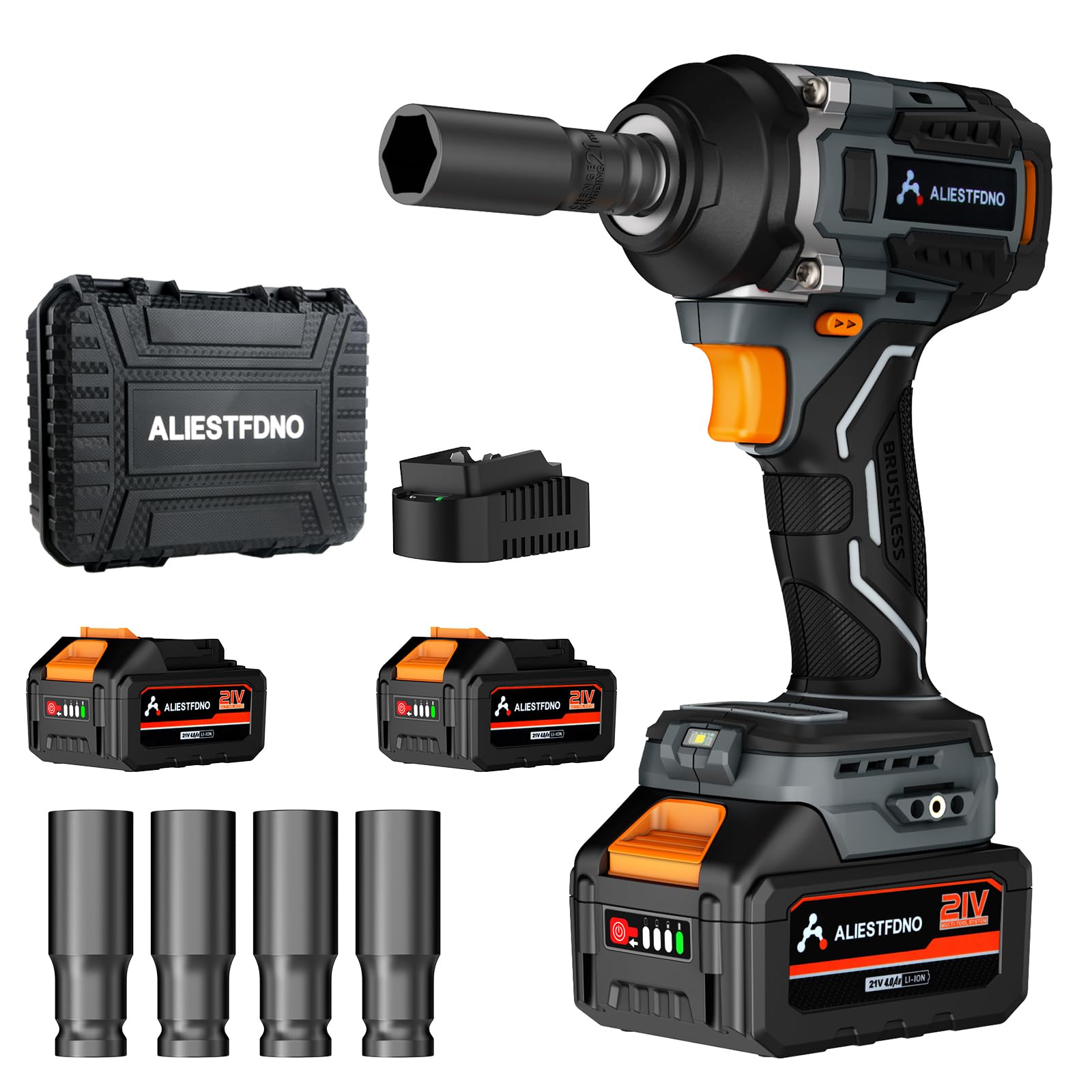 ALIESTFDNO 1/2 inch Cordless Impact Wrench, with Max TRQ (800N.m) 590Ft-lbs Brushless Electric Impact Gun, 2 x 4000mAh Battery, 4 Sockets, 3000RPM High TRQ Impact Driver for Home Car Truck Mower
