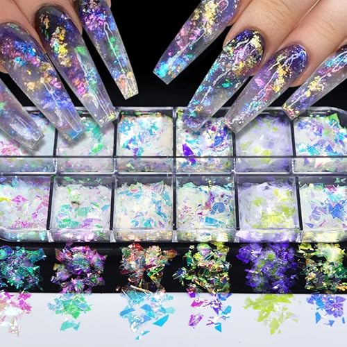 Jmeowio 12 Colors Holographic Nail Art Glitter Sequins Set - Jmeowio 3D Gradient Bright Mermaid Iridescent Flakes Ice Slag Nail Sequins Paillettes Stickers Sparkle Nail Art Decoration For Women Girls thumb #6