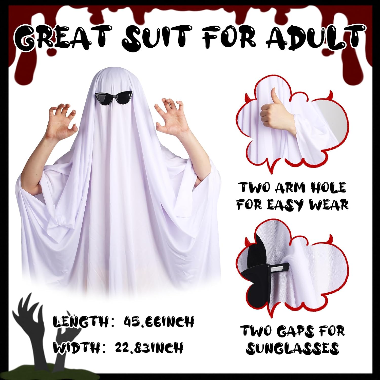 Ghost Costume for Adults Halloween Fancy Dress Cosplay Set White Ghost costumes with Black Sunglasses Scary Halloween Party Costume Accessories
