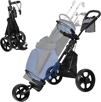 3 Wheel Golf Push Cart Trolley, Portable Foldable Golf Bag Cart with Ball Loading Aperture Scorecard Board Water Bottle Holder Foot Brake, Easy Transport