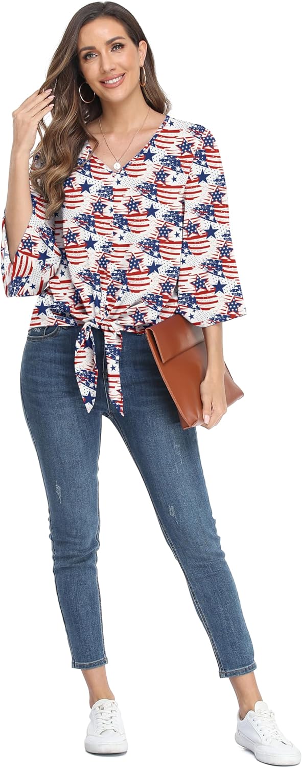VIISHOW Women's Button V Neck Chiffon Tops 3/4 Bell Sleeve Tie Knot Casual Blouses Loose Summer Shirts - Image 3