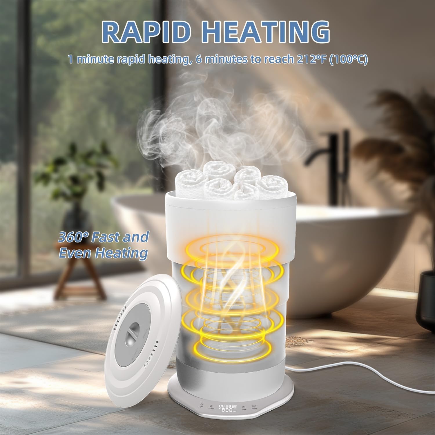 Fistone Towel Warmer demonstrating rapid and 360-degree even heating, with glowing orange coils inside.